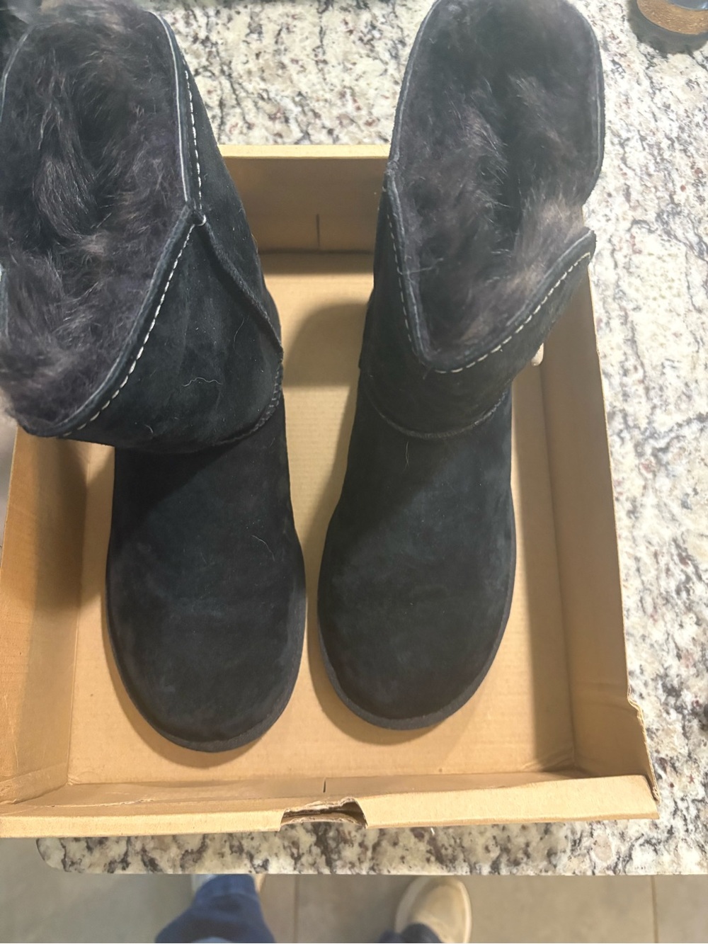 UGG Black Suede Mid-Calf Winter Boots with Faux Fur Cuff